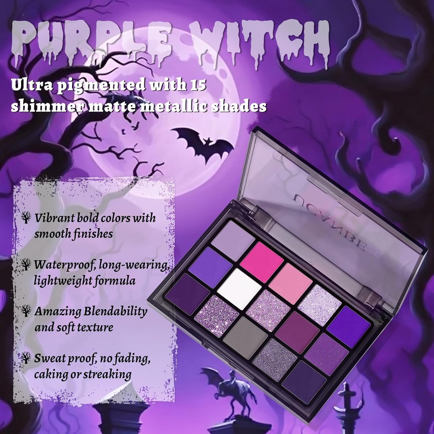 UCANBE Purple Eyeshadow Makeup Palette, 15 Colors Dark Smokey Shimmer Matte Metallic Glitter Eye Shadow Pallet, Violet Lavender Pink Make Up Kit for Cosplay Halloween Ursula Witch Costume Parties