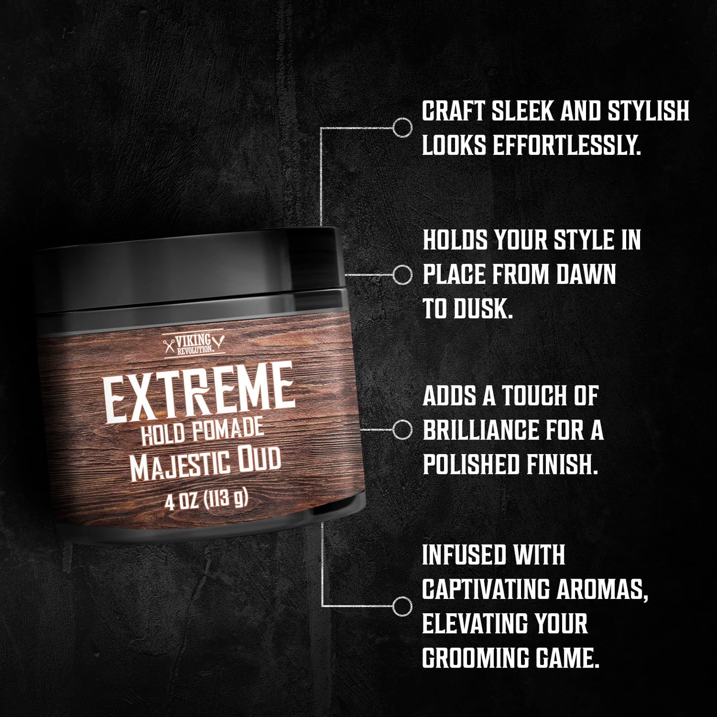 Viking Revolution Majestic Oud Hair Pomade for Men - Extreme Hold Hair Gel for Men Water Based - Mens Pomade Extra Firm Mens Hair Pomade Strong Hold - High Shine Mens Hair Cream (4oz)