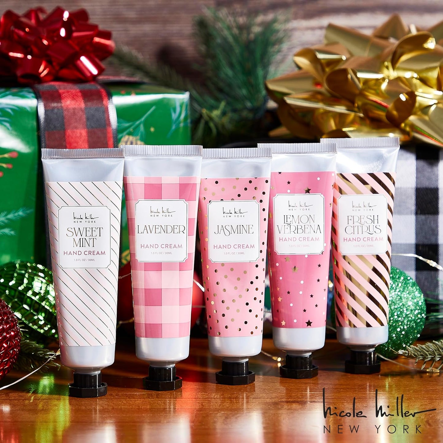 Nicole Miller New York 10-Piece Festive Fragrance Hand Cream Collection - 30ml Each Bottle, Ultra Hydrating Luxury for Your Hands, Pink Gold