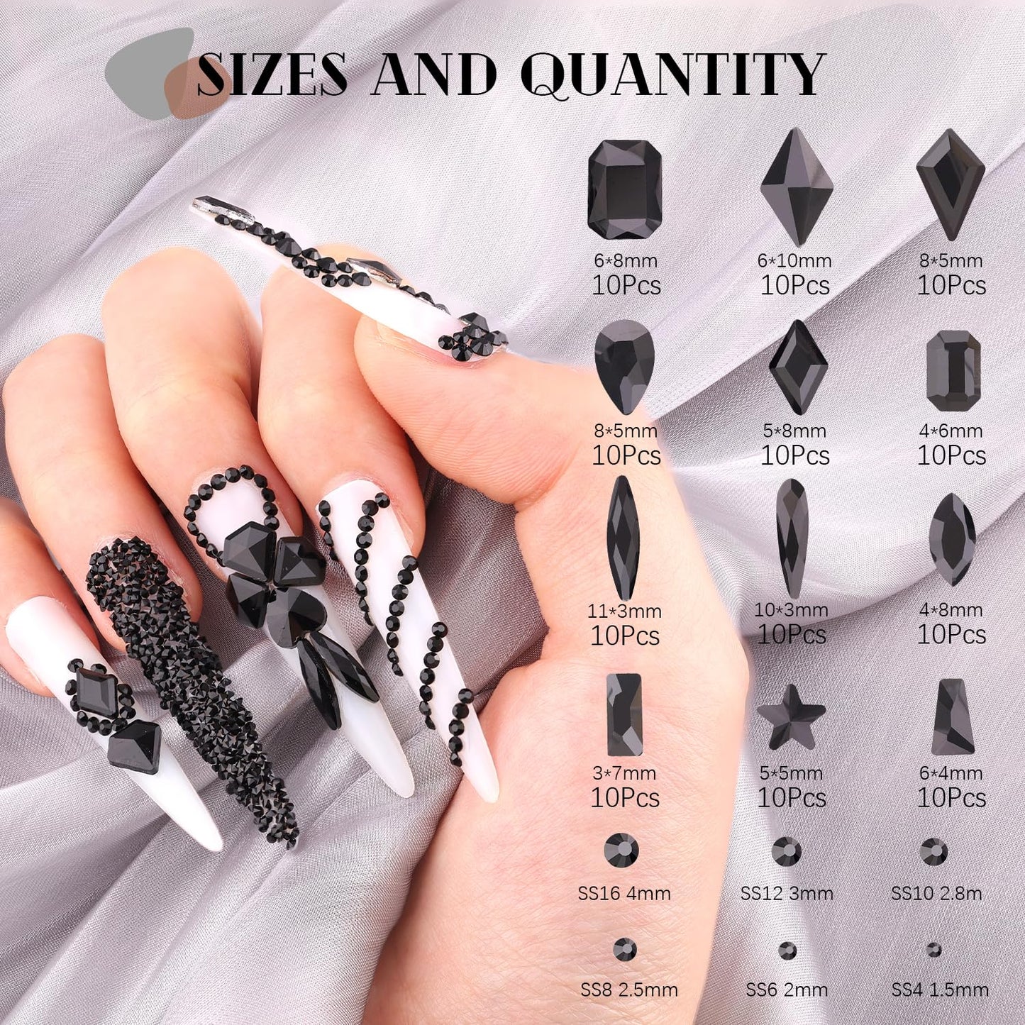 3220Pcs Black Glass Nail Rhinestones 120Pcs Multi Shapes Flatback Gems Crystal + 3100Pcs 1.5-4mm Round Beads, Manicure Diomand Jewelry Gemstones for Nail Design Makeup Acrylic Nails Decoration