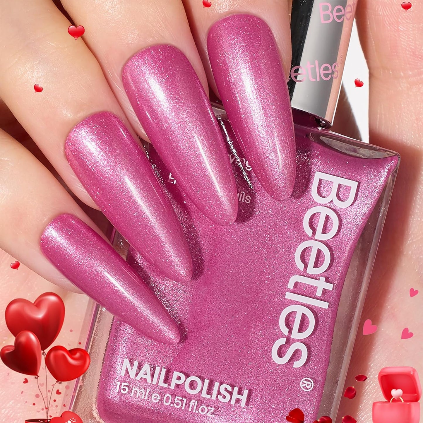 Beetles 1Pcs 15ml Hot Pink Nail Polish: Fast Drying & Long Lasting Nail Polish Romantic Reverie Nail Nail Lacquer Shimmer Art Effect for Grils Women Gifts