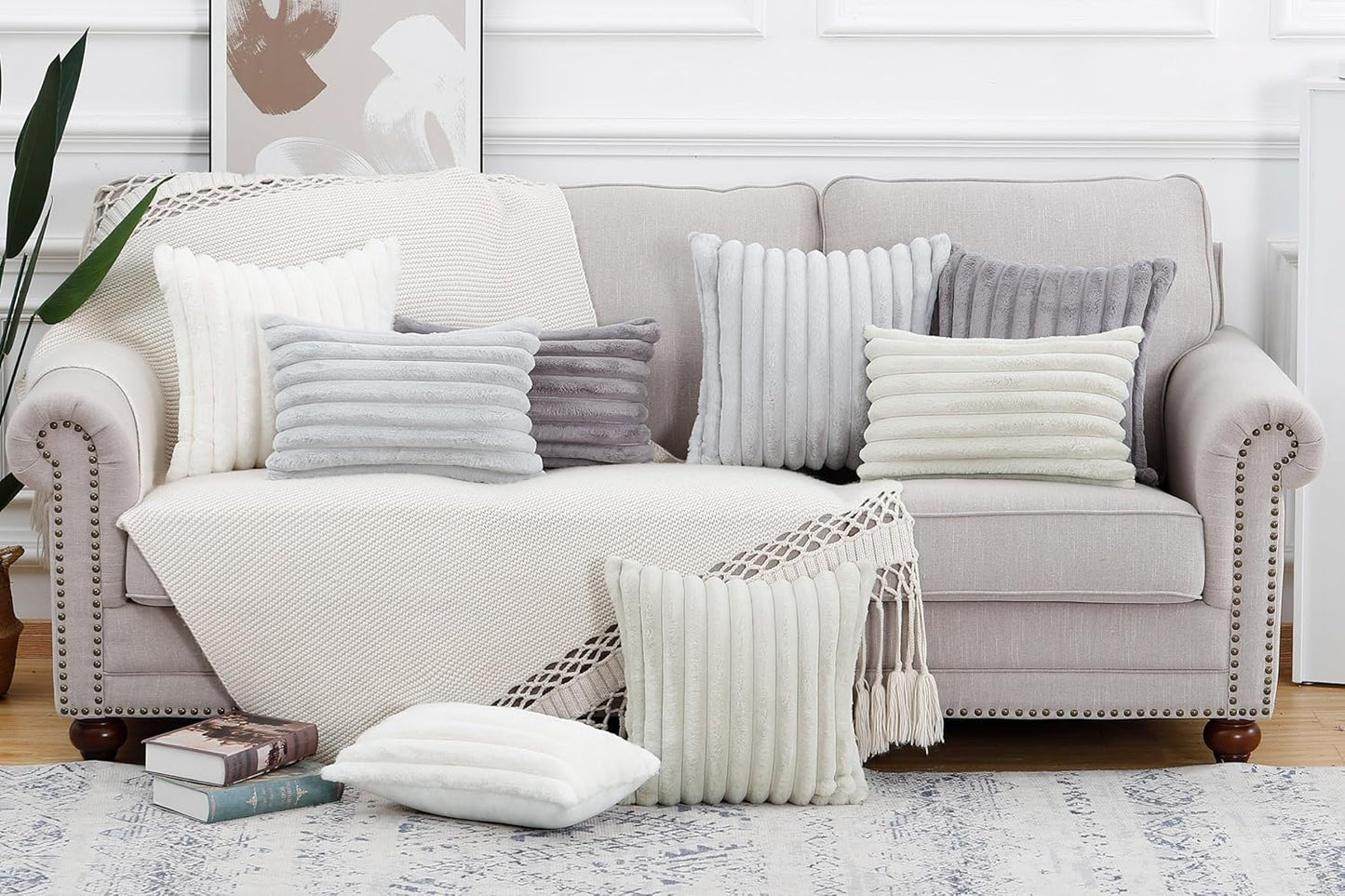 MADIZZ Set of 2 Faux Wool Plush Decorative Throw Pillow Covers 12x20 Inch Greyish White Fluffy Striped Soft Decorative Cushion Cover for Sofa Bedroom Pillow Shell