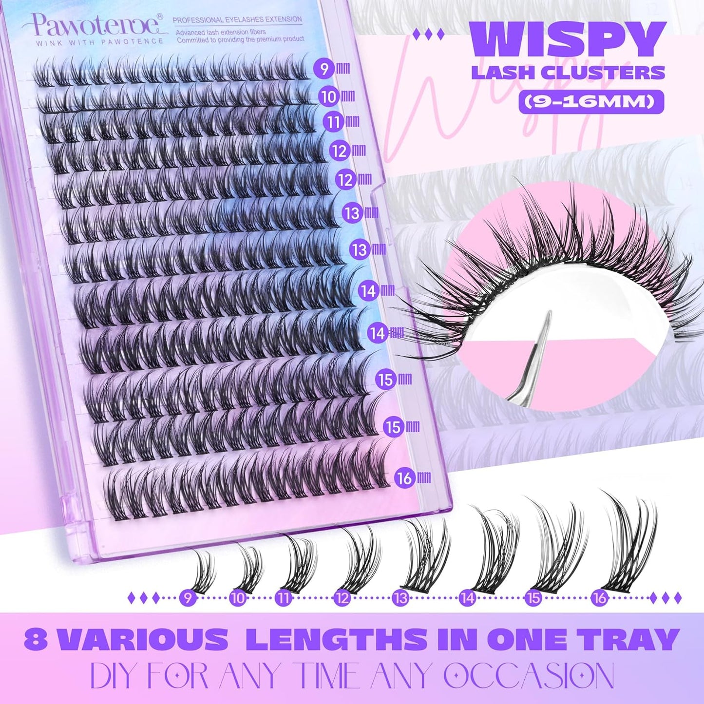 Pawotence Lash Clusters Wispy 9-16mm Individual Lashes Cluster Eyelash Extensions 192pcs Lash Extension DIY Soft Natural Eyelash Clusters with Thin Band