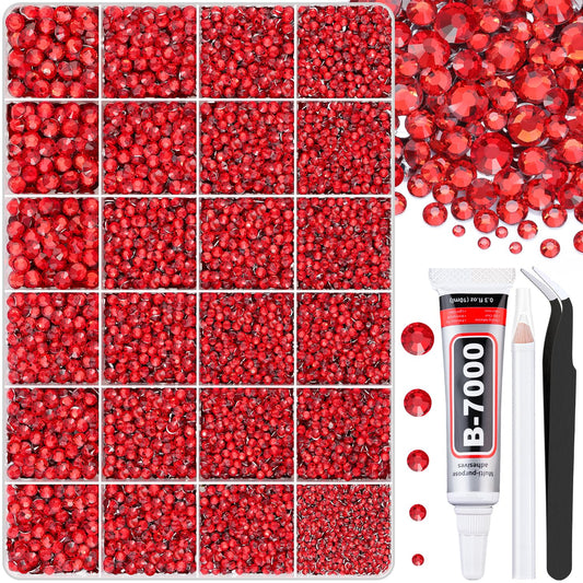 30000Pcs Red Rhinestones for Bedazzling with B7000 Jewelry Glue, Bedazzler Kit Flatback Gems, Resin Rhinestones for Crafting Crafts Clothing Shoes Fabric Nail Art Assorted Size 2/3/4/5/6mm