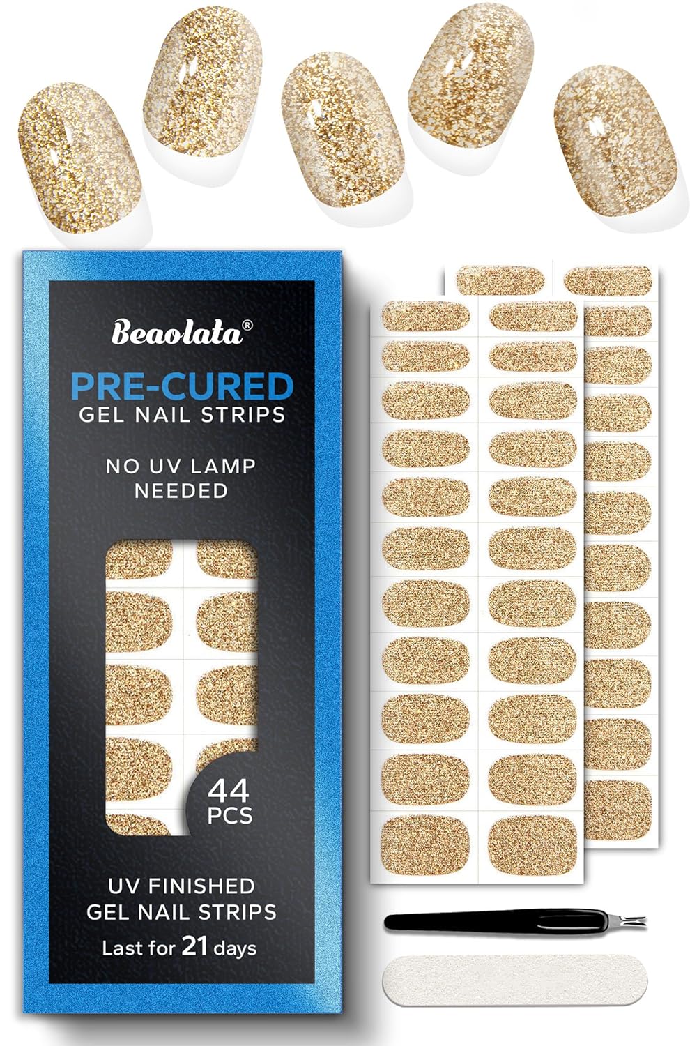 Pre Cured Gel Nail Strips - 44PCS Salon Quality Gel Nail Stickers - Long Lasting Polish Wraps for Women no UV Light Needed Easy Apply& Remove (Gilded Desire Gold)