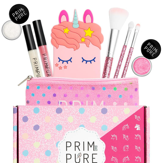 Prim and Pure Mineral Gift Set with Unicorn Mirror| Perfect for Play Dates & Birthday Parties | Kids Eyeshadow Makeup – Mineral Blush | Organic & Natural Makeup Kit for Kids| Made in USA (Pink)