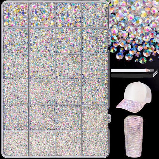 25000Pcs Resin Jelly Rhinestones with Tweezers for Crafting, 2-6mm Mixed Sizes (Transparent AB) Non Hotfix Flatback Gems, Bedazzling Crystal for DIY Crafts Clothing Tumblers Mugs Shoes Decor Nail Art