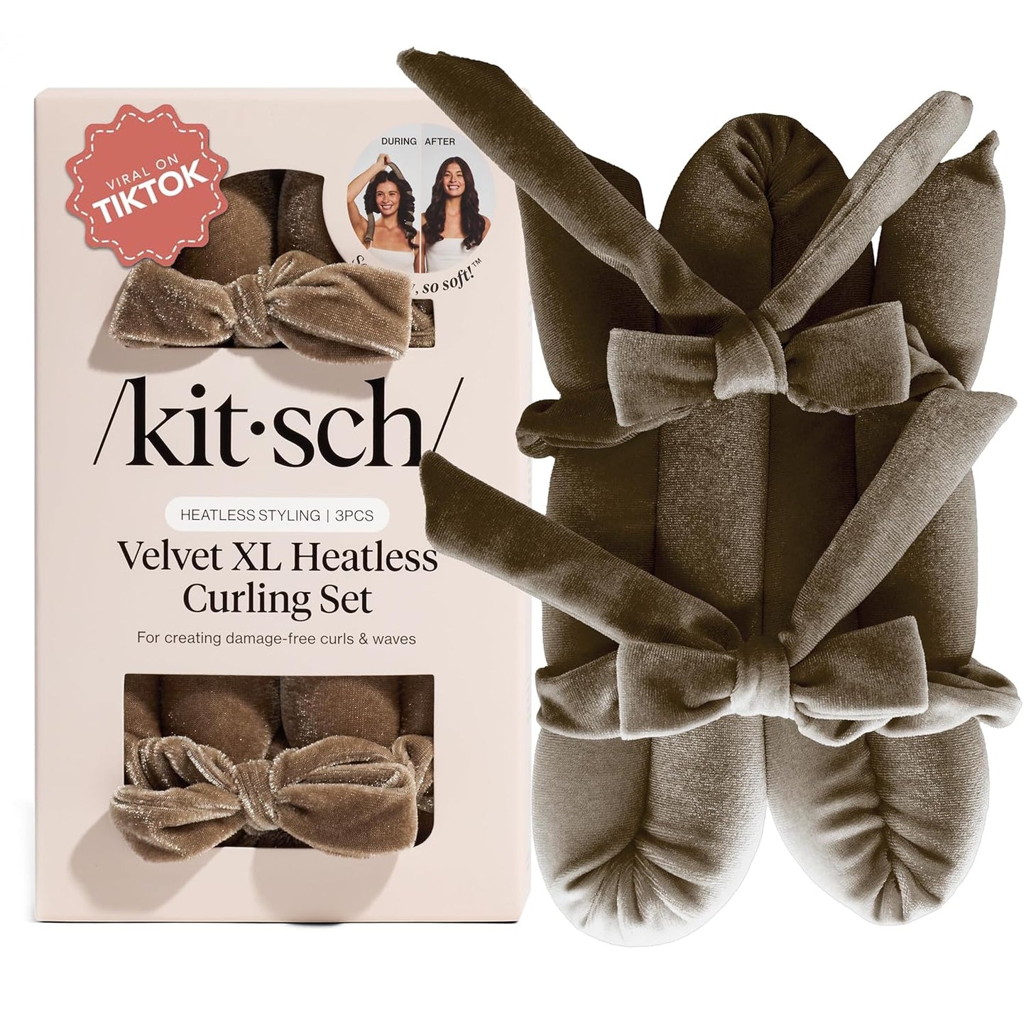 Kitsch Velvet XL Heatless Curling Set - Hair Curler for Heatless Curls Overnight - Flexi Rod & Hair Curlers to Sleep In, No Heat Damage Styling - With Two Velvet Bow Scrunchies - Eucalyptus