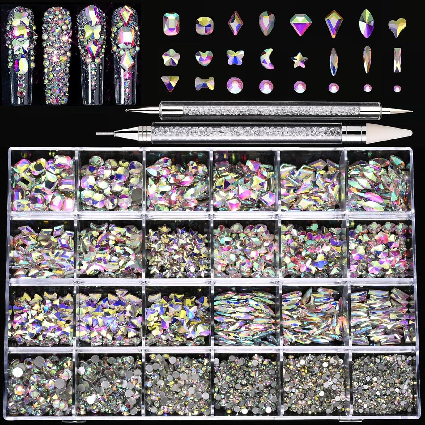Nail Rhinestones Kit, 18 Types of 900 Special-Shaped Diamonds + 3200 Flat-Bottomed Nail Rhinestones, Nail Crystal DIY Crafts Gemstones for Nail, Shoes, Clothes, Jewels