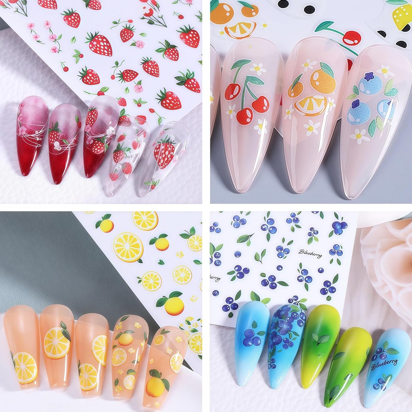 Summer Fruit Nail Art Stickers 3D Self-Adhesive Lemon Strawberry Blueberry Summer with Flower Design Decals Cute Fruit Sticker for Nails Women DIY Manicure Decorations 8 Sheets