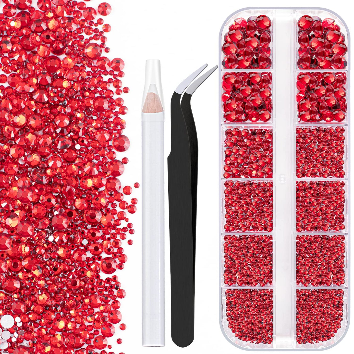 One Pack 2000 Pcs of Flatback Round Red Rhinestones 6 Sizes (1.5-6 mm) with Nail Art Rhinestone Picker Pencil and Tweezers for DIY and Salon Use