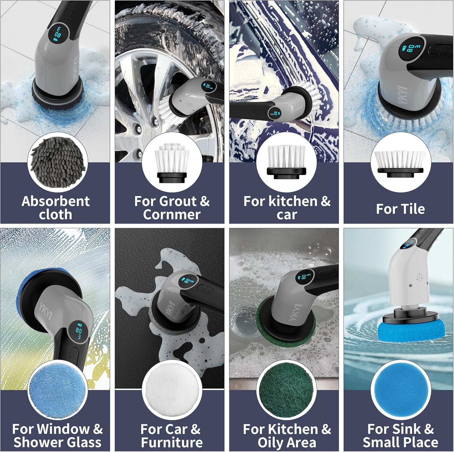 YKYI Electric Spin Scrubber,Cordless Electric Cleaning Brush,Power Scrubber with 8 Replaceable Brush Heads,3 Adjustable Speeds,Voice Broadcast,Shower Scrubber with Long Handle for Bathtub Tile Floor