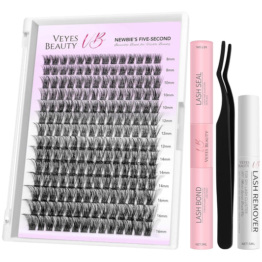 VEYESBEAUTY Lash Clusters Kit Individual Eyelash Extensions Thin & Invisible Band DIY False Eyelashes Newbie's Five-Second Series Wispy Lash Tray, Boldeye KIT with Bond&Seal Remover Applicator