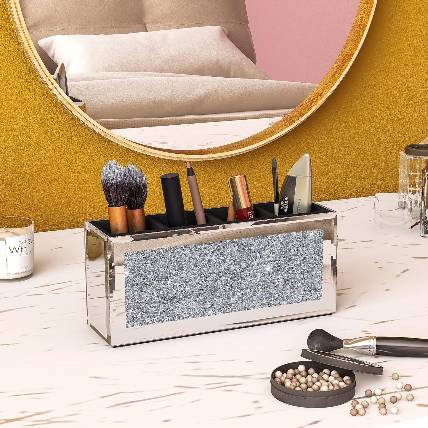 SHYFOY 4-Compartment Makeup Brush Holder, Mirrored Makeup Organizer with Crushed Diamond Crystals, Vanity Cosmetics Organizer Solution, Pencil Holder Organizer for Desk