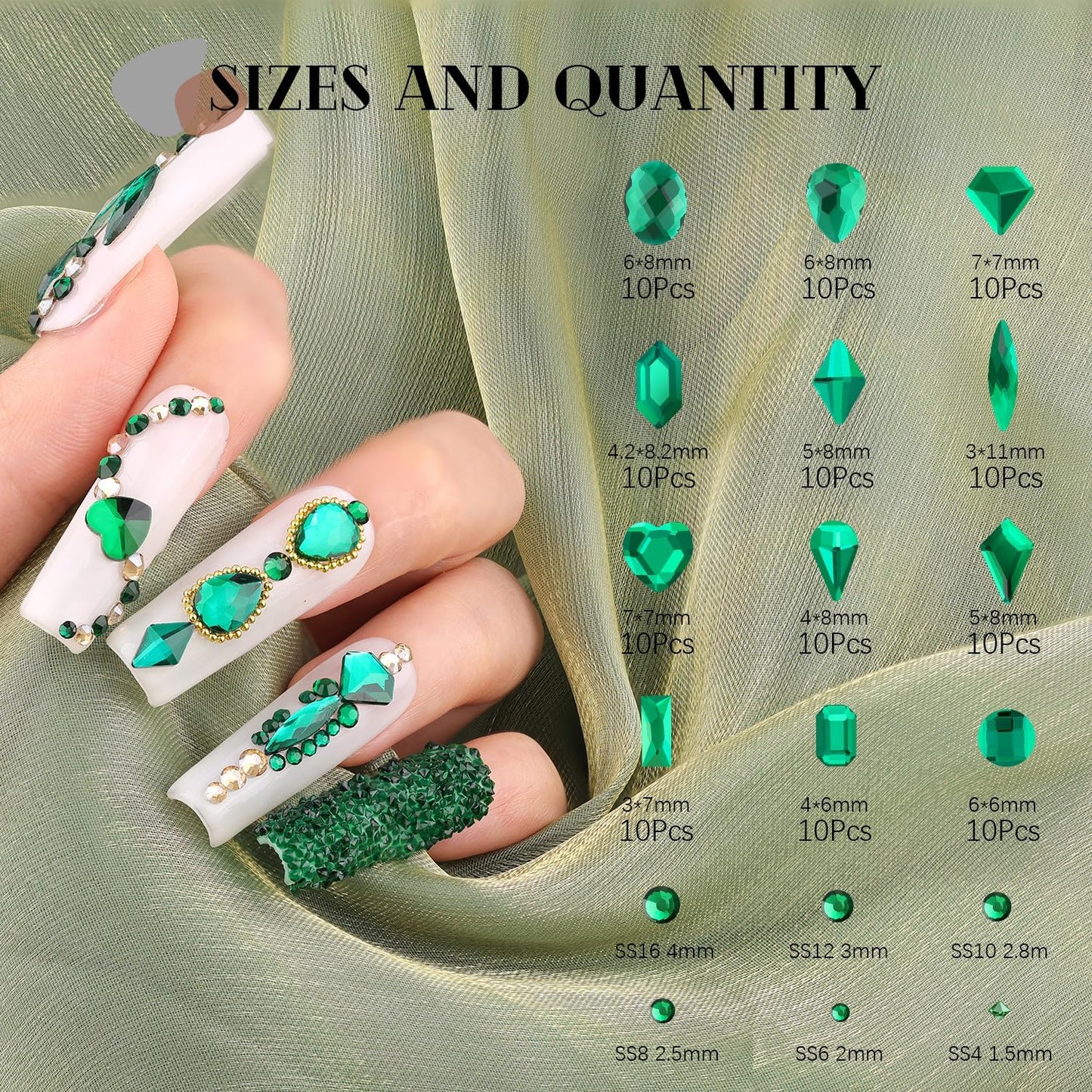 2680Pcs Emerald Green Glass Nail Rhinestones 120Pcs Multi Shapes Flatback Nail Gems + 2560Pcs 1.5-4mm Round Crystal with Rhinestone Glue Gel, Manicure Nail Charms Diamond Gemstone for Nail Art