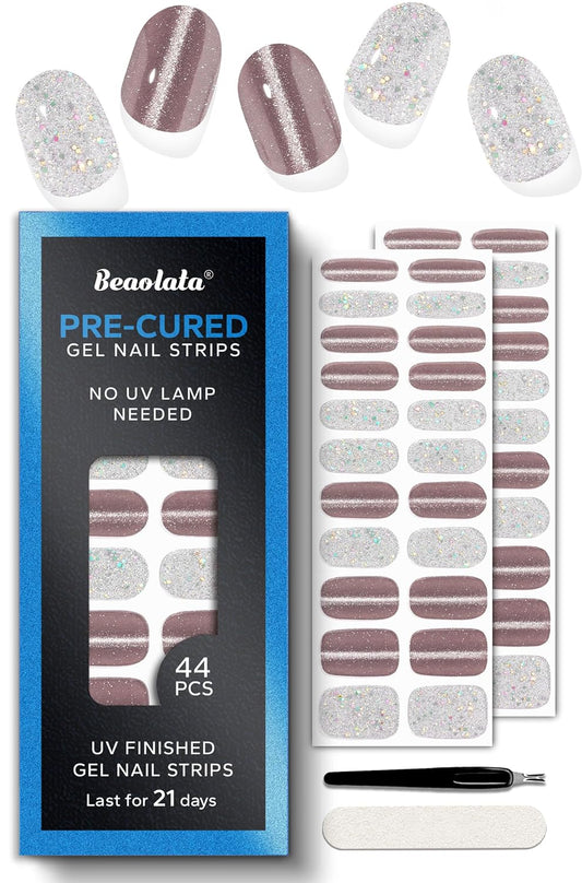 Pre Cured Gel Nail Strips - 44PCS Salon Quality Gel Nail Stickers - Long Lasting Polish Wraps for Women no UV Light Needed Easy Apply& Remove (Smoky Silver）