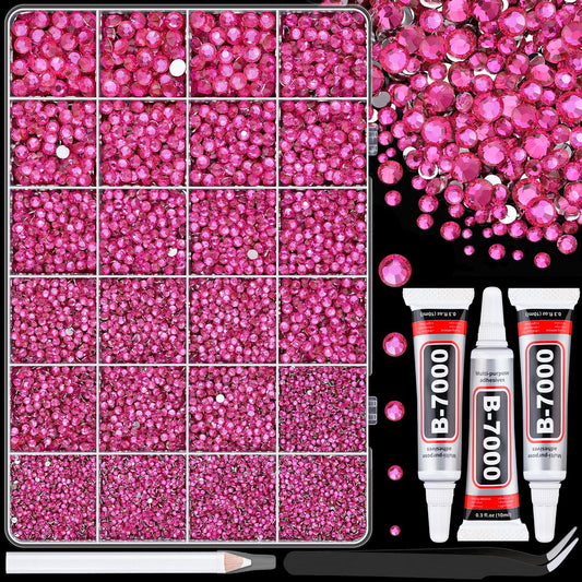 25000Pcs Resin Rhinestones with Tweezers for Crafting, Hot Pink 2-6mm Mixed Sizes Bedazzling Crystal with 3Pcs 10ml B7000 Jewelry Glue for DIY Crafts Clothing Tumblers Shoes Fabric Nail Art