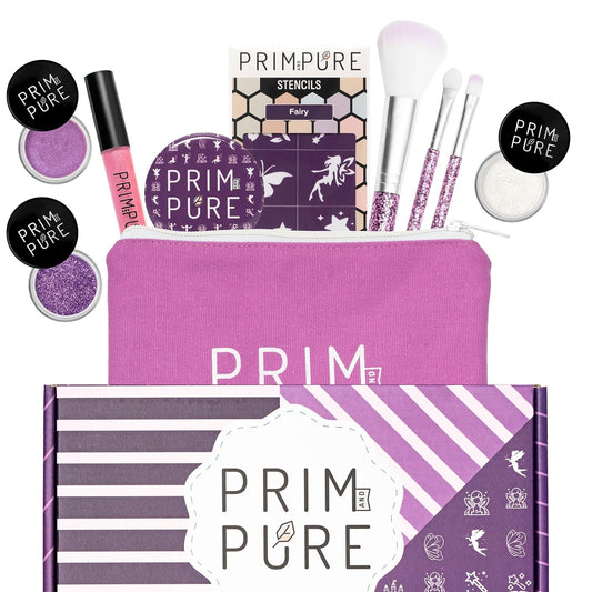 Prim and Pure Kids Makeup Gift Set - Stencil, Makeup Eyeshadow Bioglitter Lip Gloss and Cosmetic Bag Mirror Makeup Brush Accessories (Fairy Purple)
