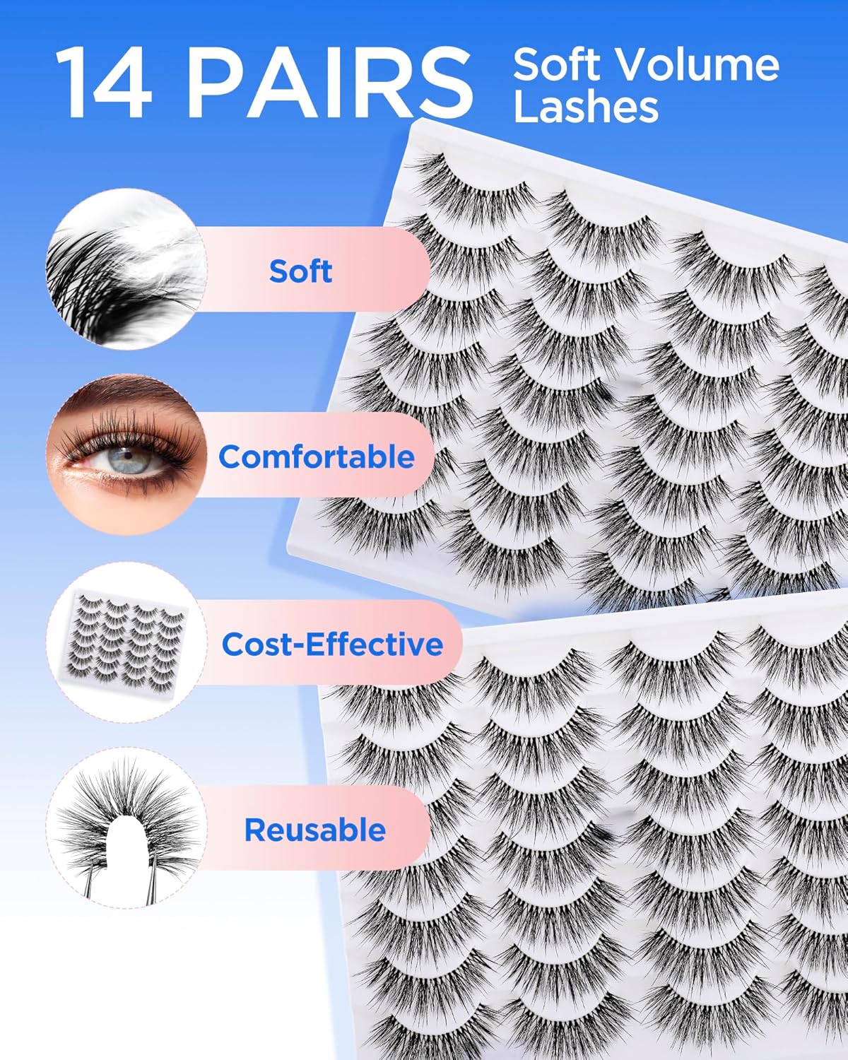 BEYELIAN 14 Pairs False Eyelashes Wispy D Curl 10-18MM Cat Eye Lashes, 3D Volume Fake Lashes Soft and Lightweight Faux Mink Lashes Pack, Reusable, Easy to Apply (14P-HSCS-53)
