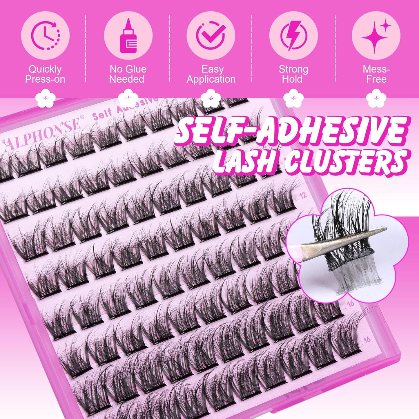 Reusable Self Adhesive Eyelashes Wispy Self Adhesive Lash Clusters Fluffy Press on Lashes Extension 10-16mm Glueless Lashes Clusters with Tweezers by ALPHONSE
