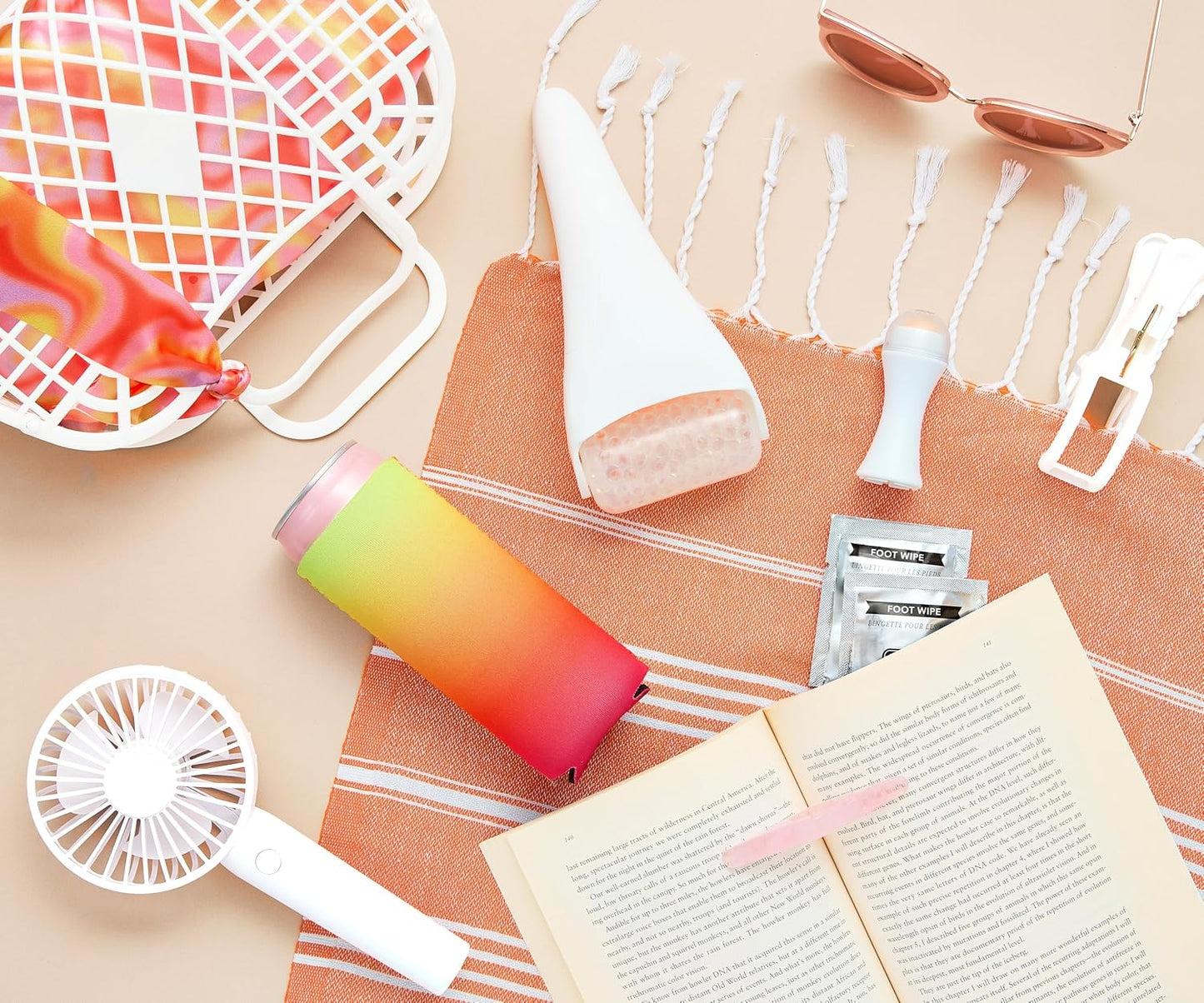 Pinch Provisions Super Summer Jelly Tote, 12 Beach & Poolside Accessories For Beauty, Perfect for Pool & Beach Days, Includes Oil Absorbing Roller, Rechargable Fan, Towel Clips, & Ice Roller