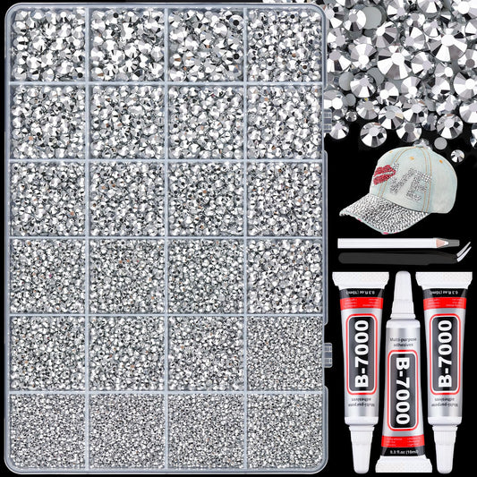 25000Pcs Resin Rhinestones with B7000 Jewelry Glue for Crafting, Silver 2-6mm Non Hotfix Flatback Gems, Bedazzling Crystal for DIY Crafts Clothing Tumblers Mugs Shoes Fabric Decor Nail Art