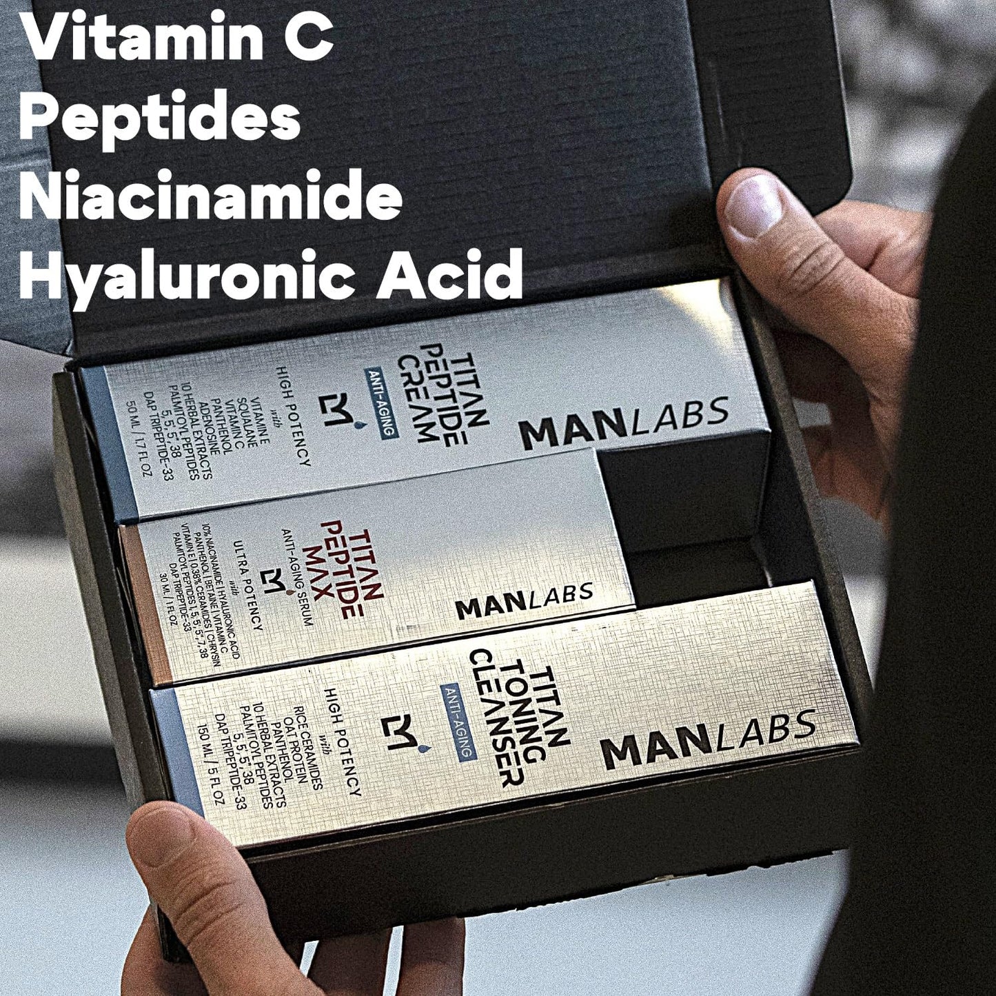 Titan Golden Anti-Aging Mens Skin Care Kit – Wash, Face Serum, Mens Face Moisturizer – Men, Skin Care Set – Dark Spots, Wrinkles, Fine Lines – Vitamin C, Peptides, Niacinamide, HA – Unscented