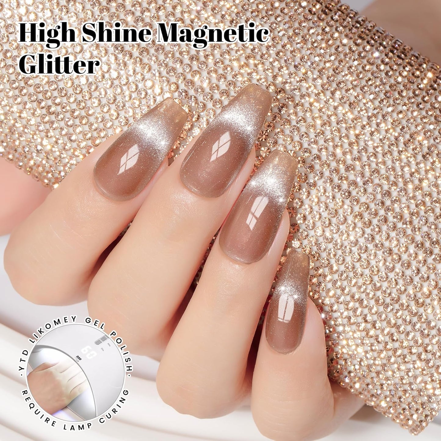 YTD Likomey Cat Eye Gel Nail Polish Set,Fall Winter 8 Colors Crystal Magnetic Glitter with Magnet Stick Kit,Silver Green Blue Black Champagne Gold Brown Plum UV Color Varnish,0.25 Fl Oz 7.5 ml