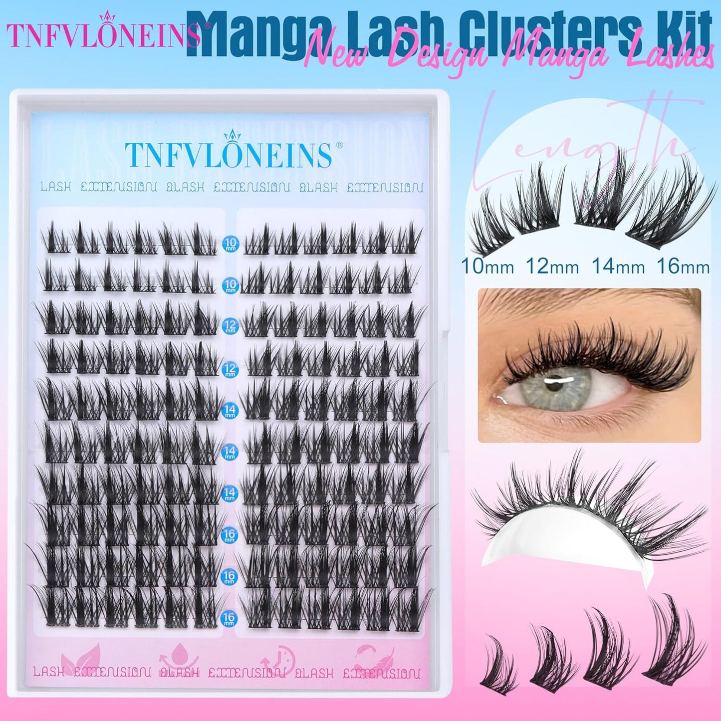 Manga Lash Clusters Kit Natural Lash Extension Kit Wispy Eyelash Extension Kit Soft Eyelash Clusters Anime Individual Lashes Kit Cluster Eyelash Extensions with Bond and Seal and Tweezers TNFVLONEINS