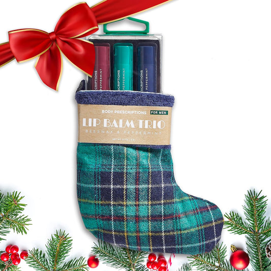 Body Prescriptions Lip Balm Trio for Men - Beeswax and Peppermint | Christmas Stocking Present Set | Nourishing and Moisturizing Formula | Protect and Hydrate Dry Lips | Great Holiday Present for Him