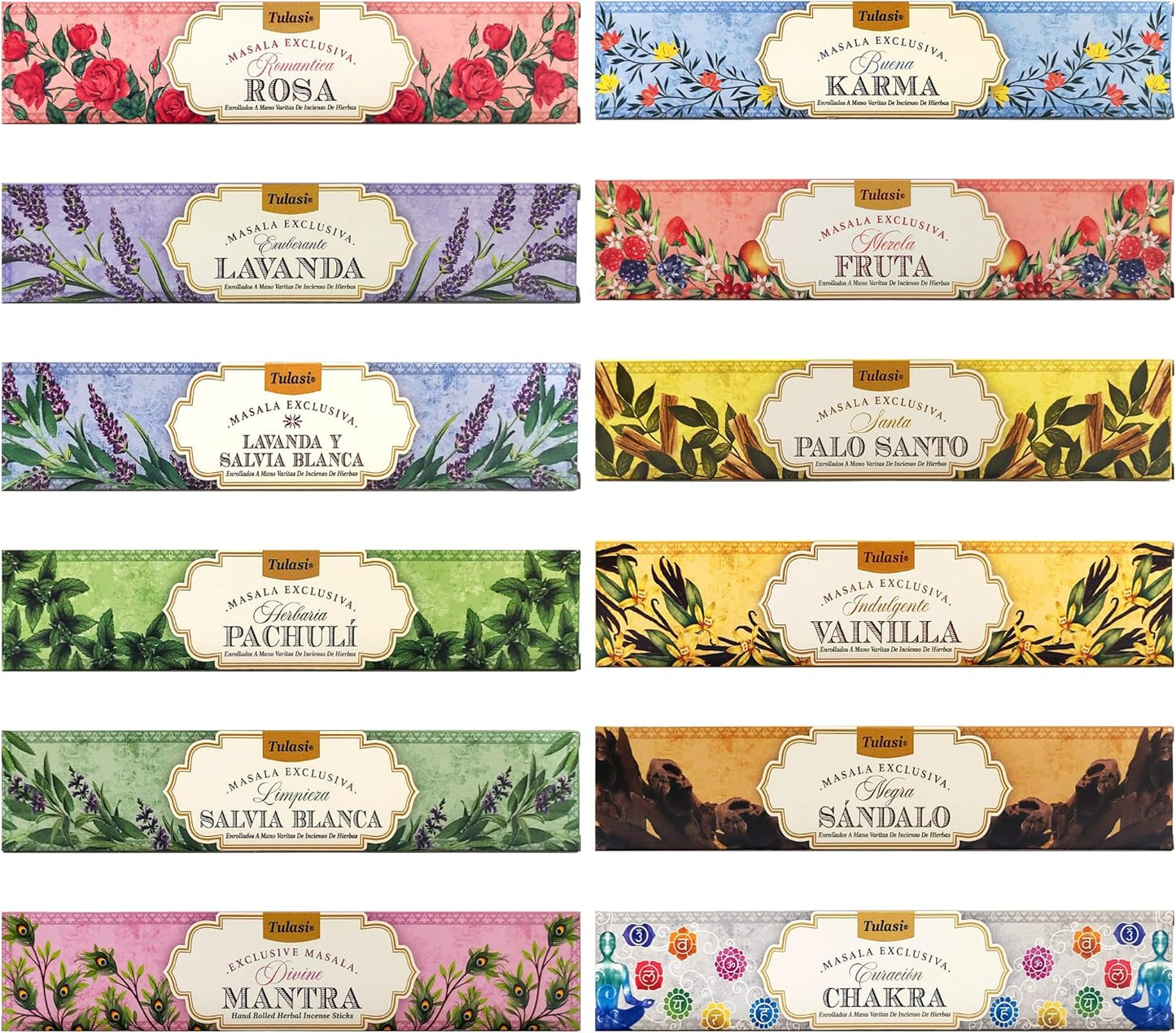 Tulasi Incense Sticks Set of 12 Scents (180 Sticks) Variety Natural Fragrances - Lavender, White Sage, Patchouli, Rose, Chakra, Mantra, Sandalwood, Palo Santo, Fruit for Meditation & Positive Vibes
