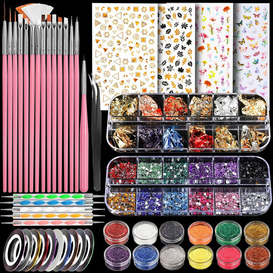 Teenitor Nail Art Brushes Nail Art Tools, Nail Brushes for Nail Art Kit with Nail Stickers, Nail Design Tools Nail Design Brushes Nail Gems, Nail Stuff Dotting Tools Nail Art Stickers Nail Supplies