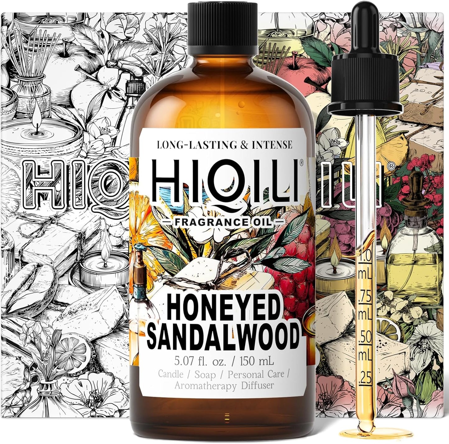 HIQILI Honeyed Sandalwood Fragrance Oil for Diffuser, Candle & Soap Making, Add to Dryer Balls, Lotion, Hotel Luxury Scents - 5.07 Fl Oz