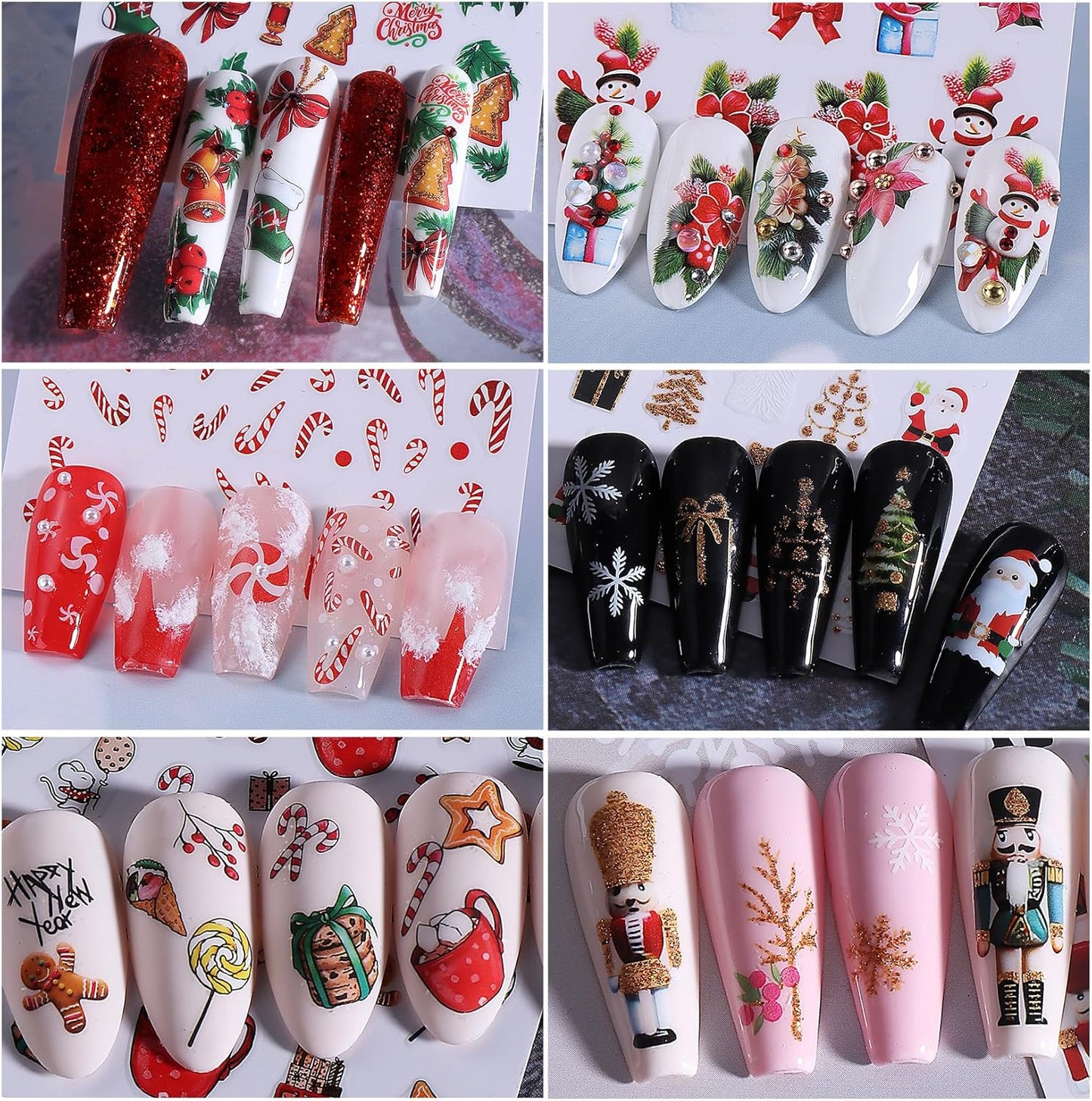 Christmas Nail Art Stickers Decals 16PCS 3D Self-Adhesive New Year Sticker for Nail Art Santa Claus Tree Elk Snowman Gonks Red Designs DIY Xmas Winter Decor Nail Art Supplies for Women Girls
