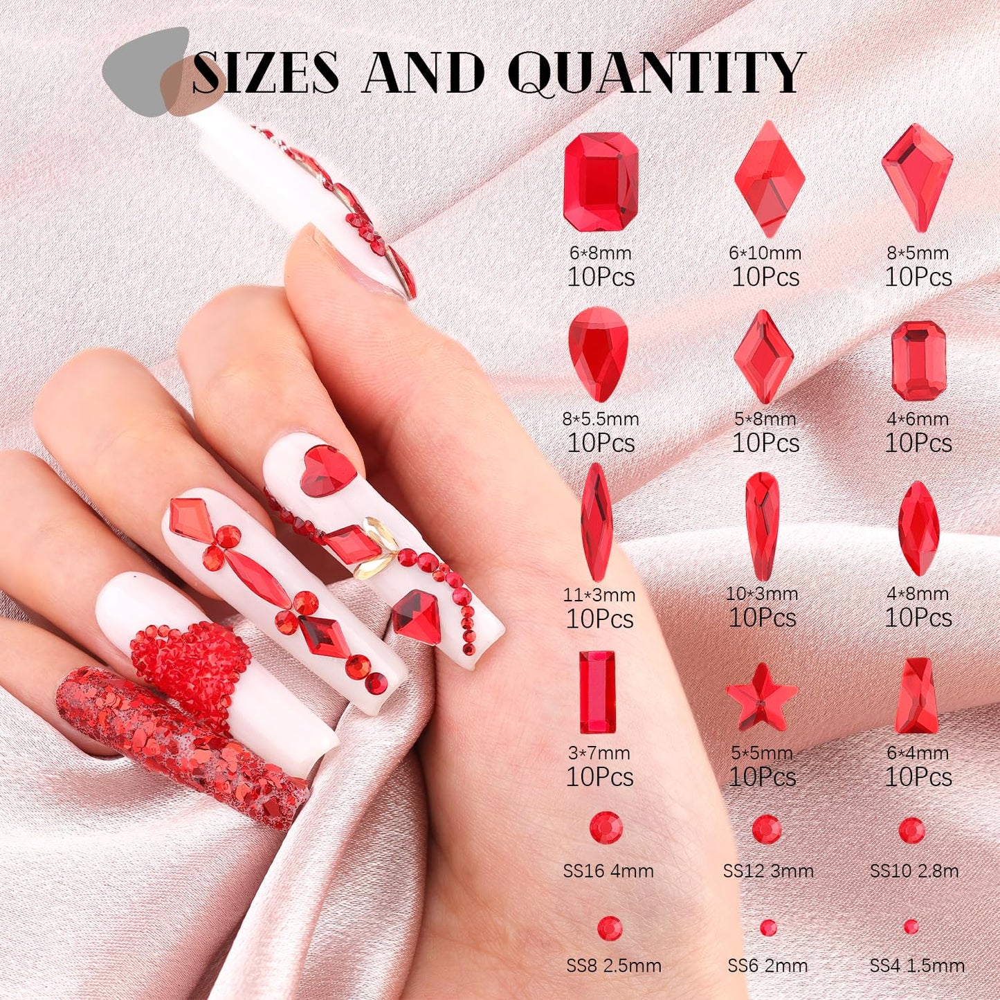 3220Pcs Red Glass Nail Rhinestones 120Pcs Multi Shapes Flatback Gems Crystal + 3100Pcs 1.5-4mm Round Beads, Manicure Diomand Jewelry Gemstones for Nail Design Makeup Acrylic Nails Decoration