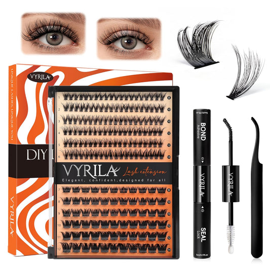 Lash Clusters Kit-VYRILA 0.07mm Wispy 8-14mix C Curl Eyelash Clusters with Lash Bond and Seal Waterproof, Eyelash Tweezers (30P+S03 KIT 186pcs-8-14mix)