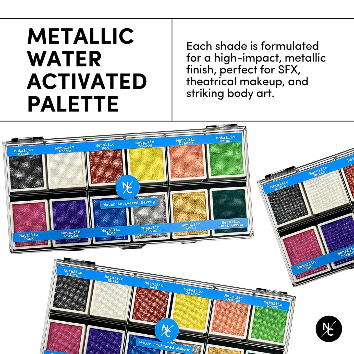 Metallic 12-Color Palette - Luxurious Water-Activated Makeup for Face & Body - Shimmering Shades for SFX, Cosplay, Theater, Film & TV Makeup Artists