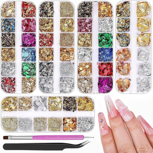 5 Boxes 60 Colors Holographic Nail Glitter Foils Kit, Nail Foil Flakes Laser, 3D Irregular Thin Foil Nail Art Flakes Design Nail Sequins Supplies for Manicure Body Makeup Craft DIY