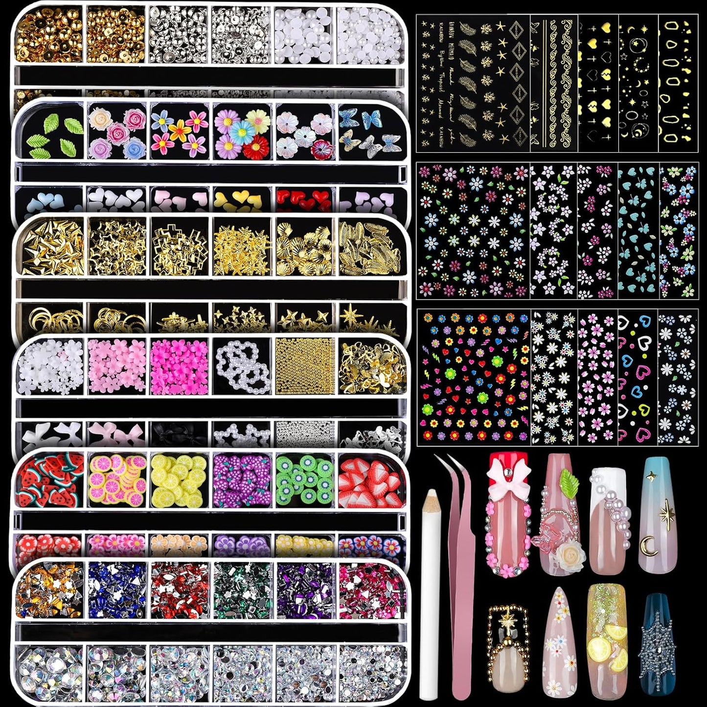 Teenitor Nail Charms and Gems Nail Art Tools, 6 Boxes 3D Nail Gems with 15 Sheets Nail Stickers for Nail Art, Flower Nail Stickers Nail Rhinestones Nail Supplies, Nail Pearls Nail Stuff Nail Decor