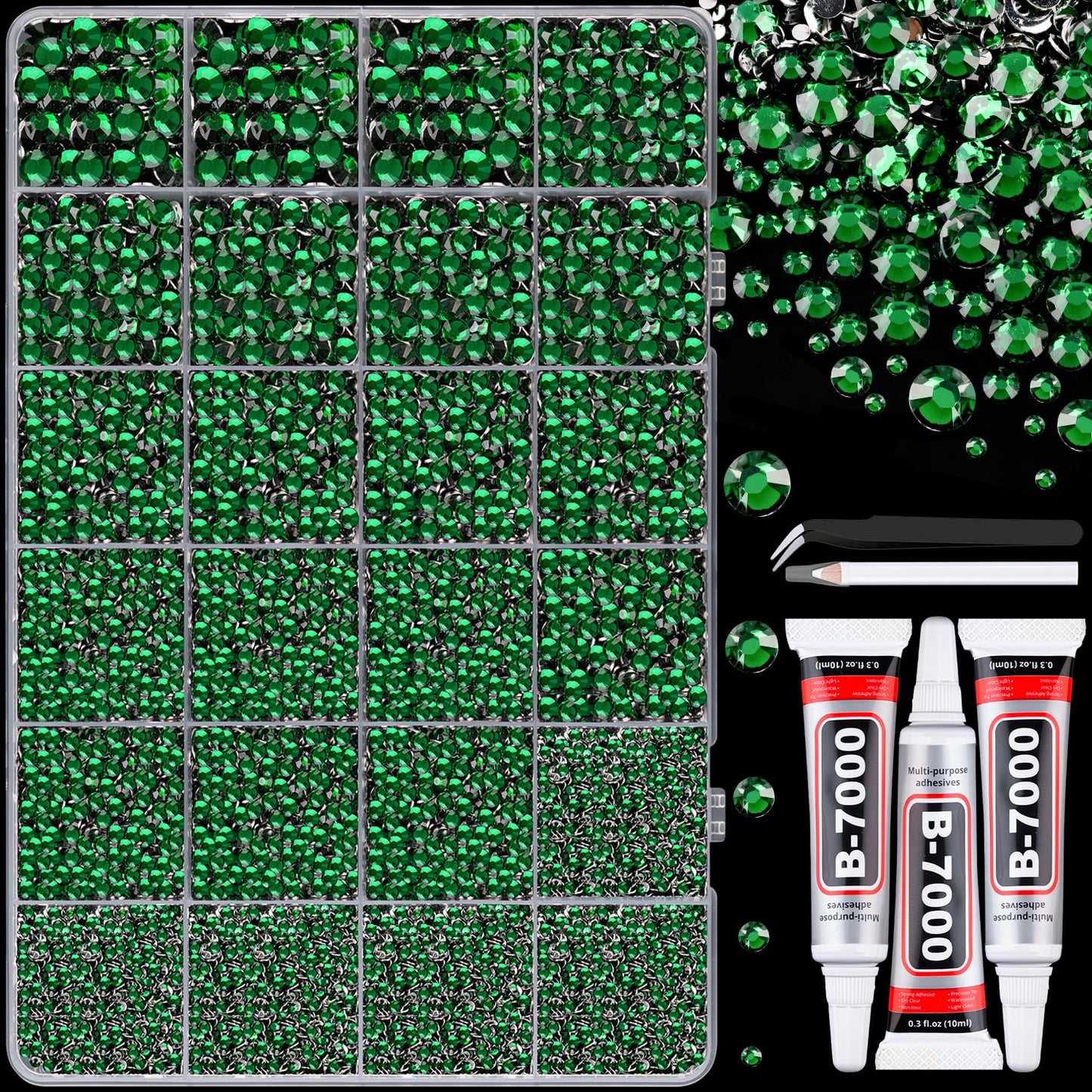 30000Pcs Resin Rhinestones with Tweezers for Crafting, Emerald Green Flatback Gems, Bedazzling Crystal with 3Pcs 10ml B7000 Jewelry Glue for DIY Crafts Clothing Tumblers Shoes Fabric Nail Art