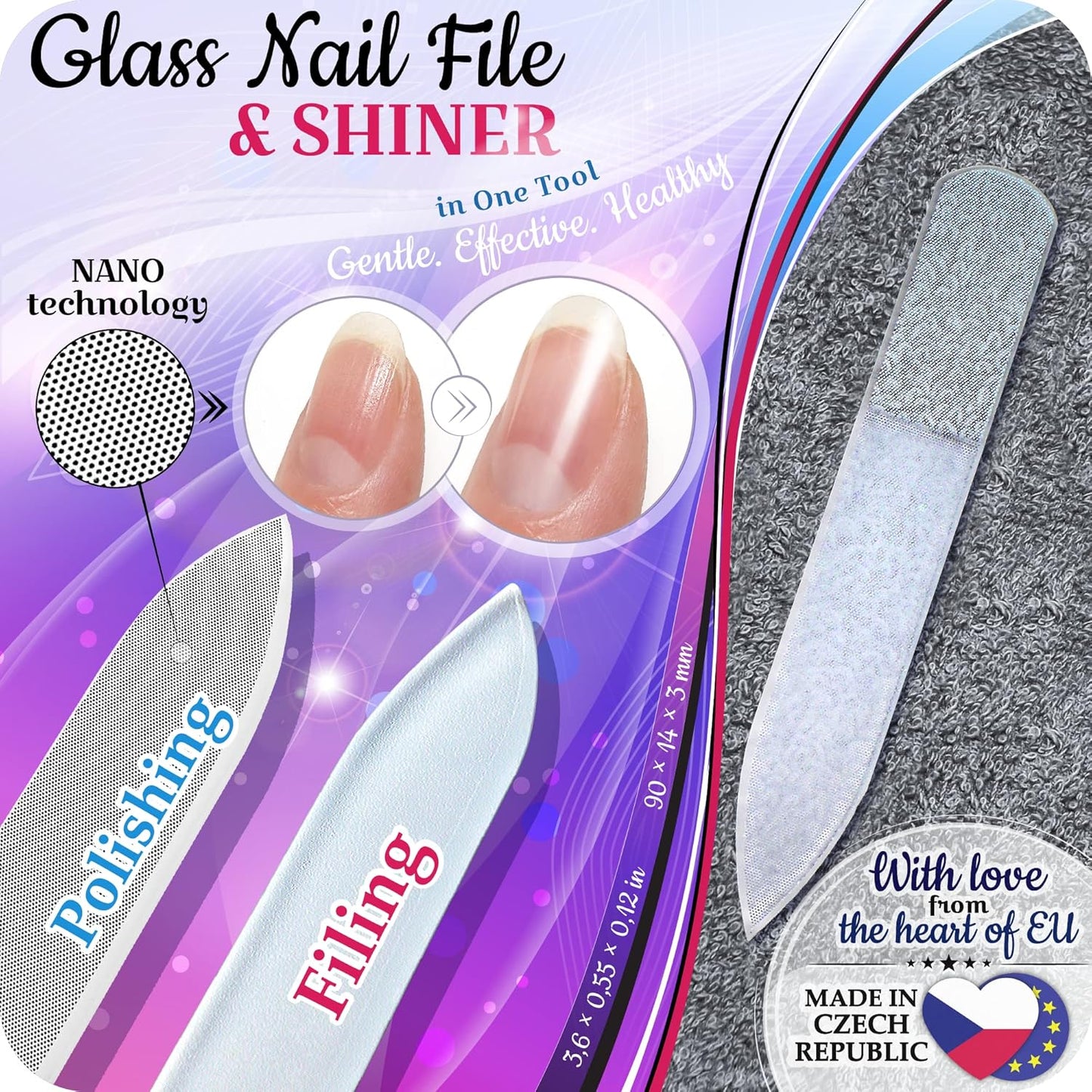 GLADZY Czech Glass Nail File Set - Multifunctional Nail Shiner Buffer, Callus Remover Foot Rasp, Glass Cuticle Pusher Manicure Stick, Etched Surface, Professional Nail Care Tool, Made in EU