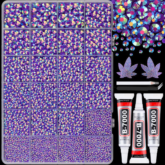 25000Pcs Resin Rhinestones with B7000 Jewelry Glue for Crafting, Dark Purple AB 2-6mm Non Hotfix Flatback Gems, Bedazzling Crystal for DIY Crafts Clothing Tumblers Mugs Shoes Fabric Decor Nail Art