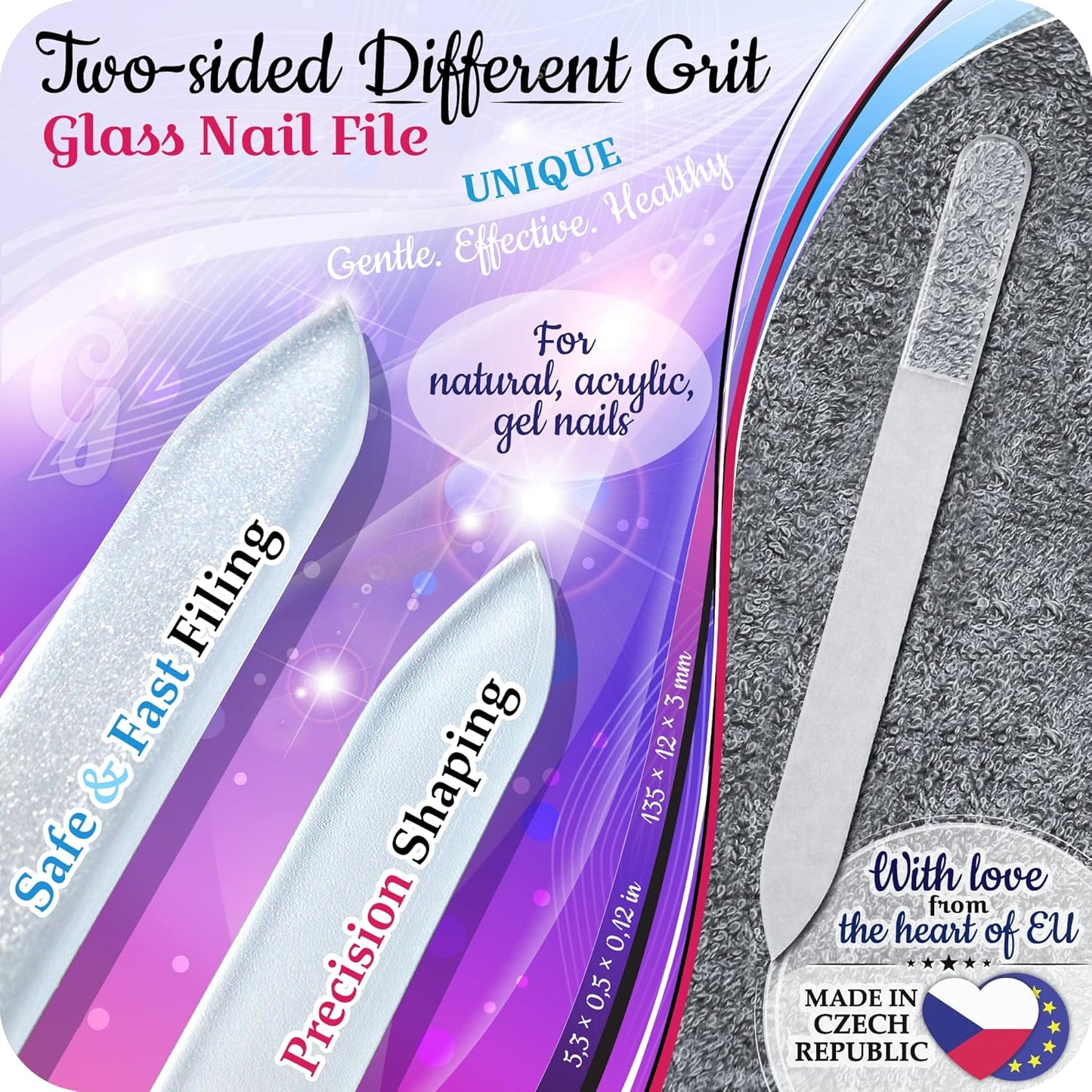 Genuine Czech Glass Nail File Set by GLADZY - Callus Remover Foot Rasp, Cuticle Pusher Manicure Stick, Double Sided Etched Different Grit Surface, Professional Nail Care Tool Kit, Made in EU