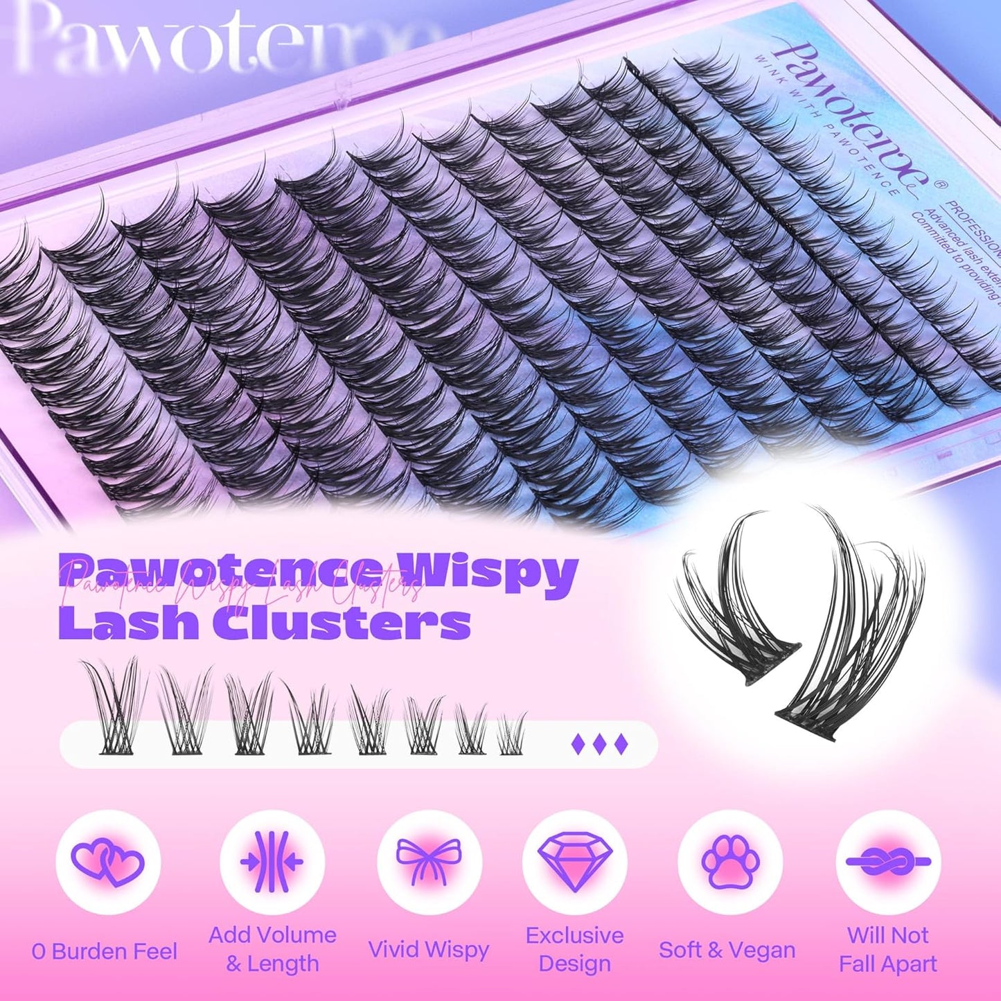 Pawotence Lash Clusters Wispy 9-16mm Individual Lashes Cluster Eyelash Extensions 192pcs Lash Extension DIY Soft Natural Eyelash Clusters with Thin Band