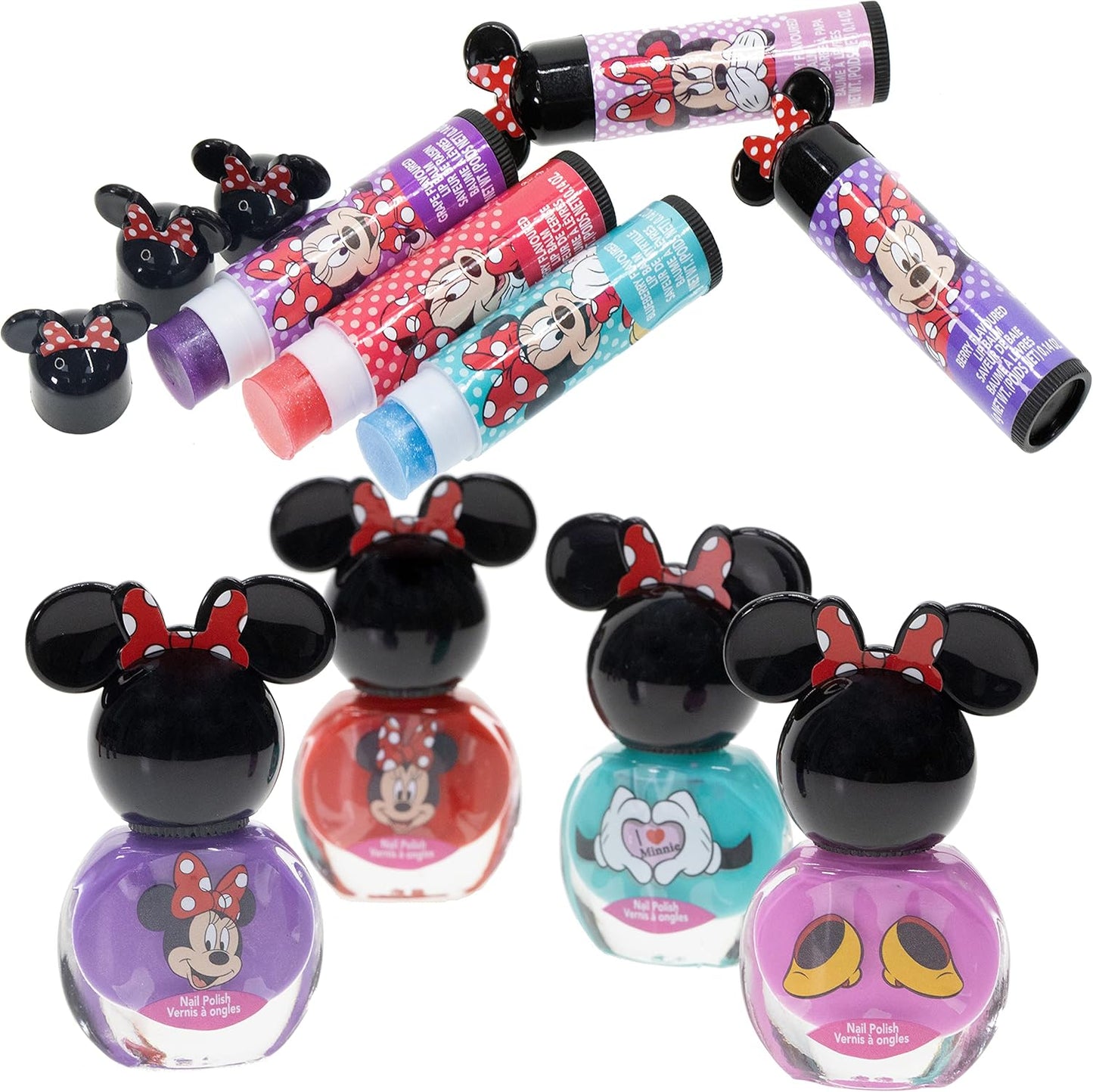 Townley Girl Disney Minnie Mouse Sparkly Cosmetic Makeup Set for Girls with Lip Balm Nail Polish Nail Stickers-35 Pcs|Perfect for Parties Sleepovers Makeovers|Birthday Gift for Girls above 3 Yrs, Kid