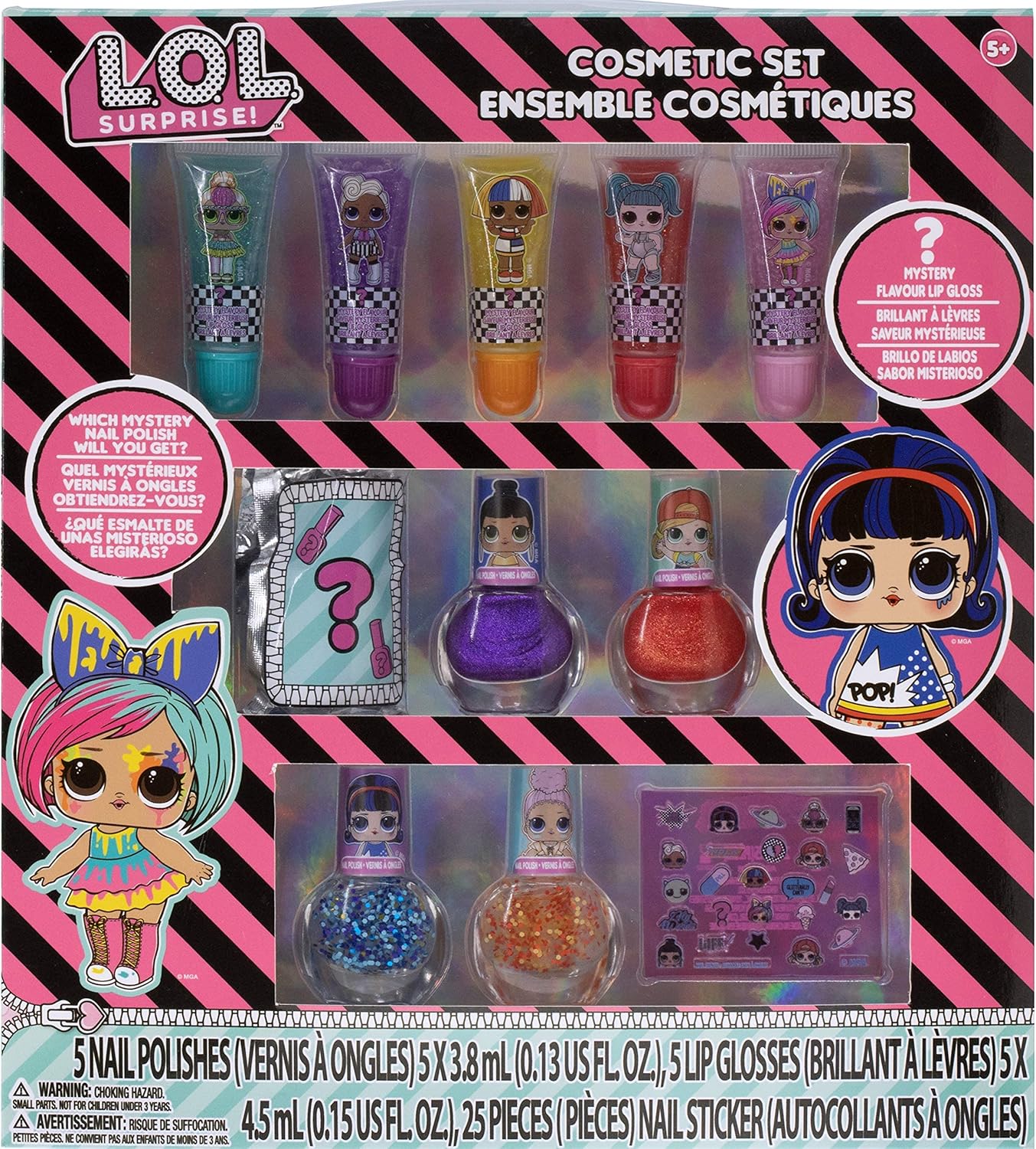 LOL Surprise Townley Girl 11 Pcs Sparkly Cosmetic Makeup Set for Kids Includes 5 Lip Gloss, 5 Nail Polish & Nail Stickers for Girls Tweens, Ages 3+ Perfect for Parties, Sleepovers and Makeovers