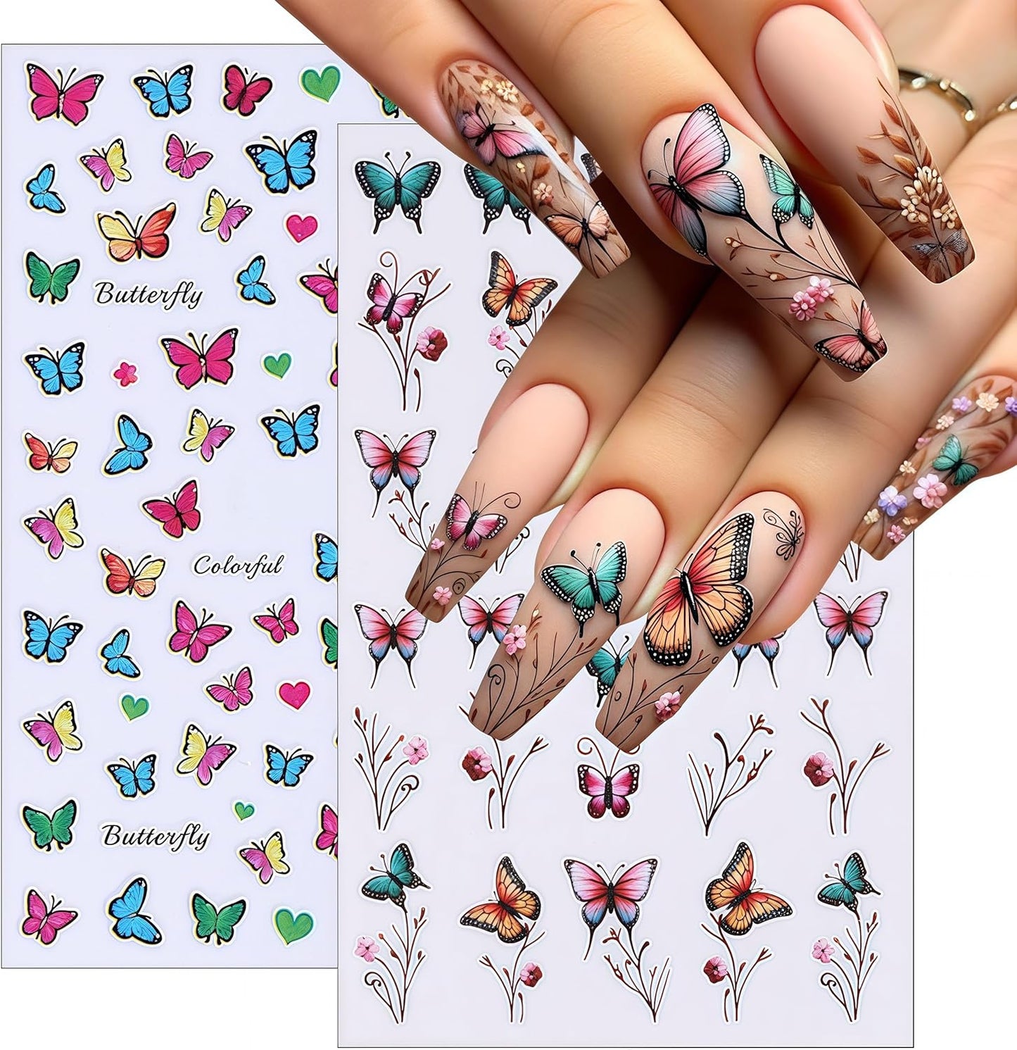 8 Sheets Butterfly Nail Stickers 3D Self-Adhesive Colorful Butterflies Decals Spring Summer Blue Butterfly Flower Designs Supplies for Women Girls DIY Manicure Decorations