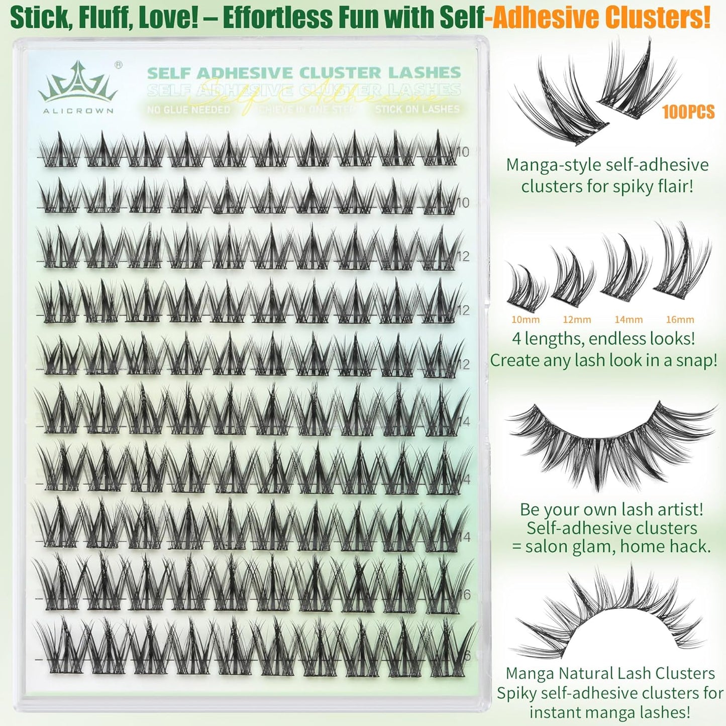 Self Adhesive Eyelashes Manga Lash Clusters 10MM-16MM No Glue Needed Eyelash Clusters Wispy Self Adhesive Lash Extensions Spiky Pre Glued Eyelash Extensions 100Pcs