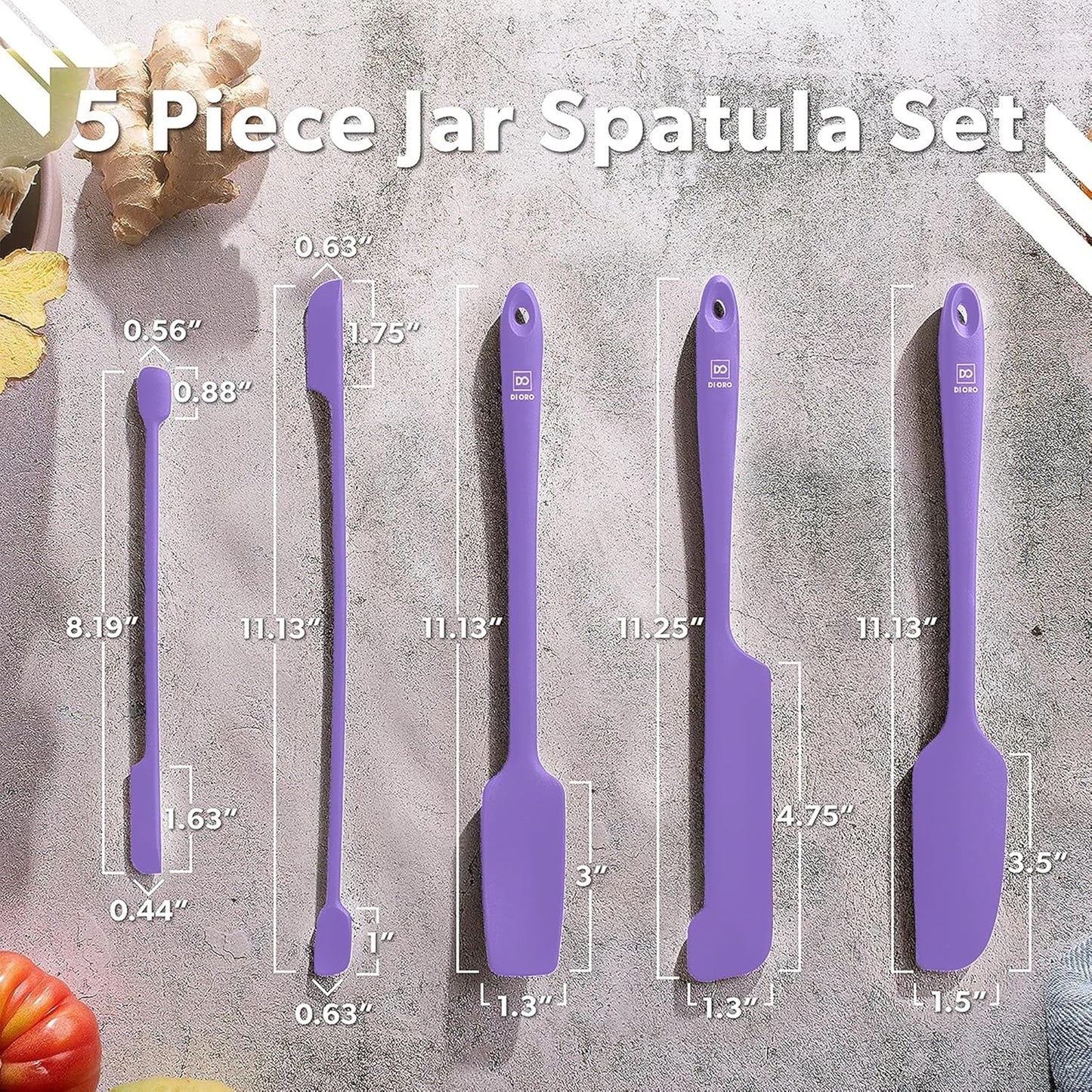 DI ORO Silicone Jar Spatulas for Scraping - Rubber Spatulas Silicone Heat Resistant - Kitchen Spatulas Nonstick Cookware Safe - Silicone Utensil Set for Blenders, Mixing, & Baking, (5pc, Lavender)